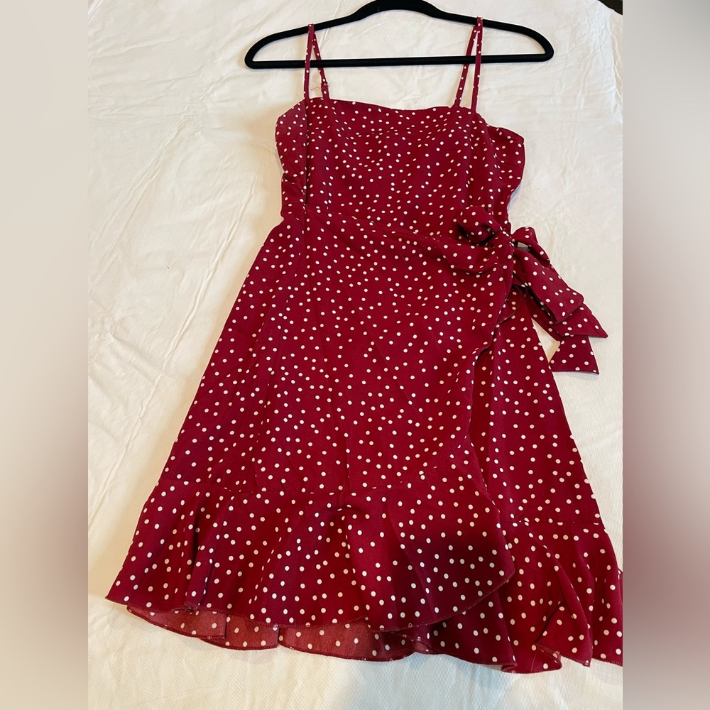 PRINCESS POLLY POLKA DOT DRESS CAESURA MINI DRESS WINE